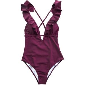 CUPSHE Women's 1Piece Swimsuit Ruffle Deep V Neck Strappy Swimwear Bathing Suit